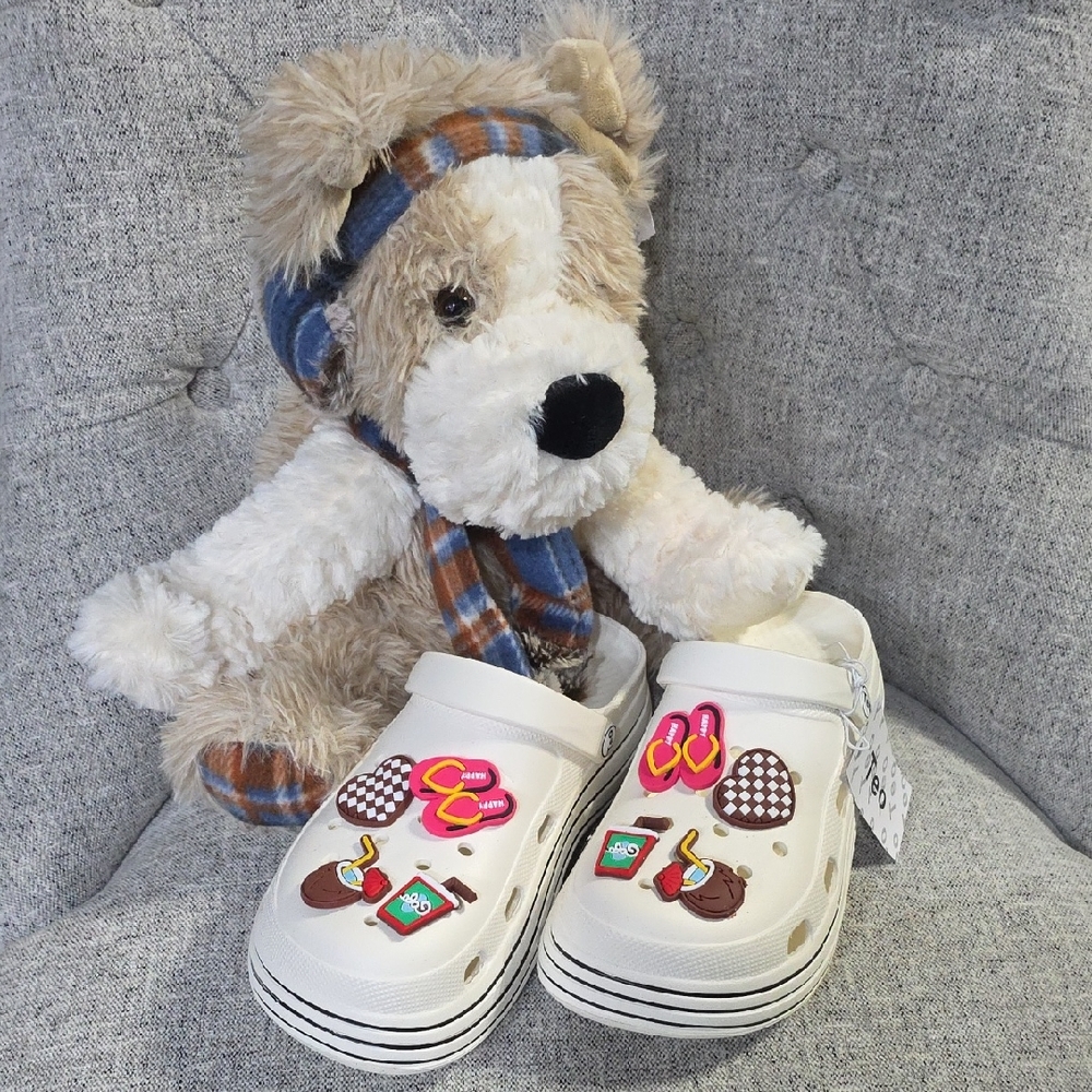 Women’s White Platform Clogs with Tropical Charms – Lightweight Slip-On Casual